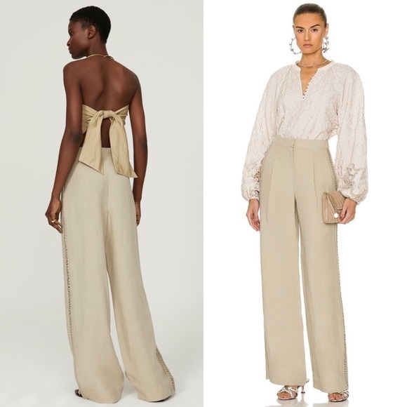 JONATHAN SIMKHAI Khaki Sage Linen High Rise Wide Leg Crochet Trim Trousers 10 - Picture 2 of 11